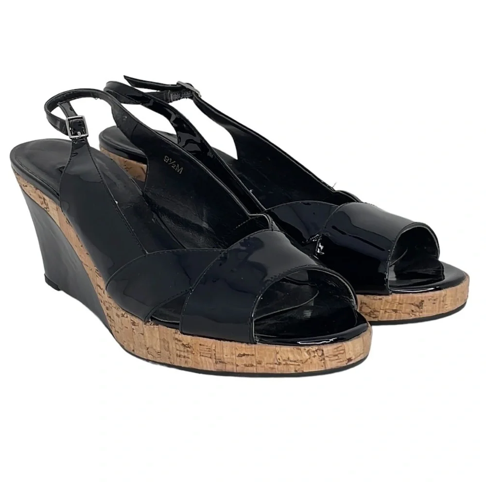 VAN ELI Wedge Heel Sandals Sling Back Open Toe Black Patent Leather Cork 9.5